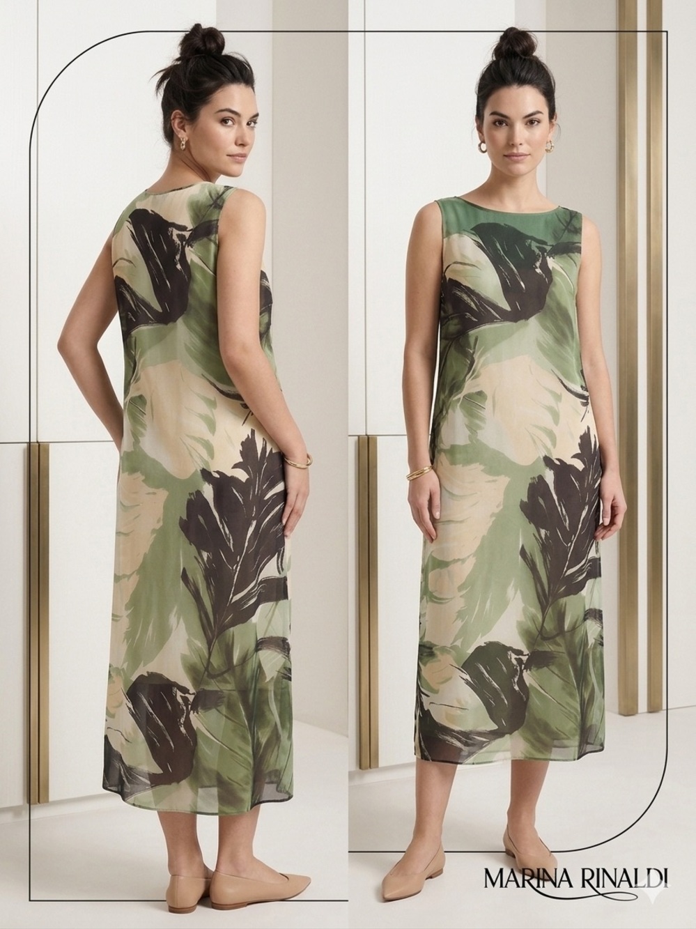 Marina Rinaldi Green and Cream Floral Midi Dress Silk Voile